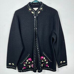 Studio Works Size Medium Black 100% Wool Vintage Floral Embroidered Cardigan